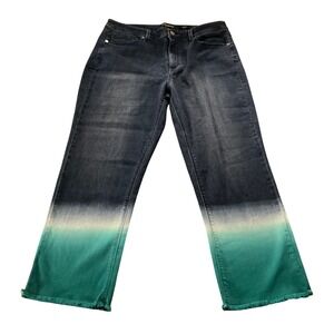 Susan Graver Jeans Ombre Dip Dye Teal Green Crop Wide Leg Raw Hem Blue Denim 12